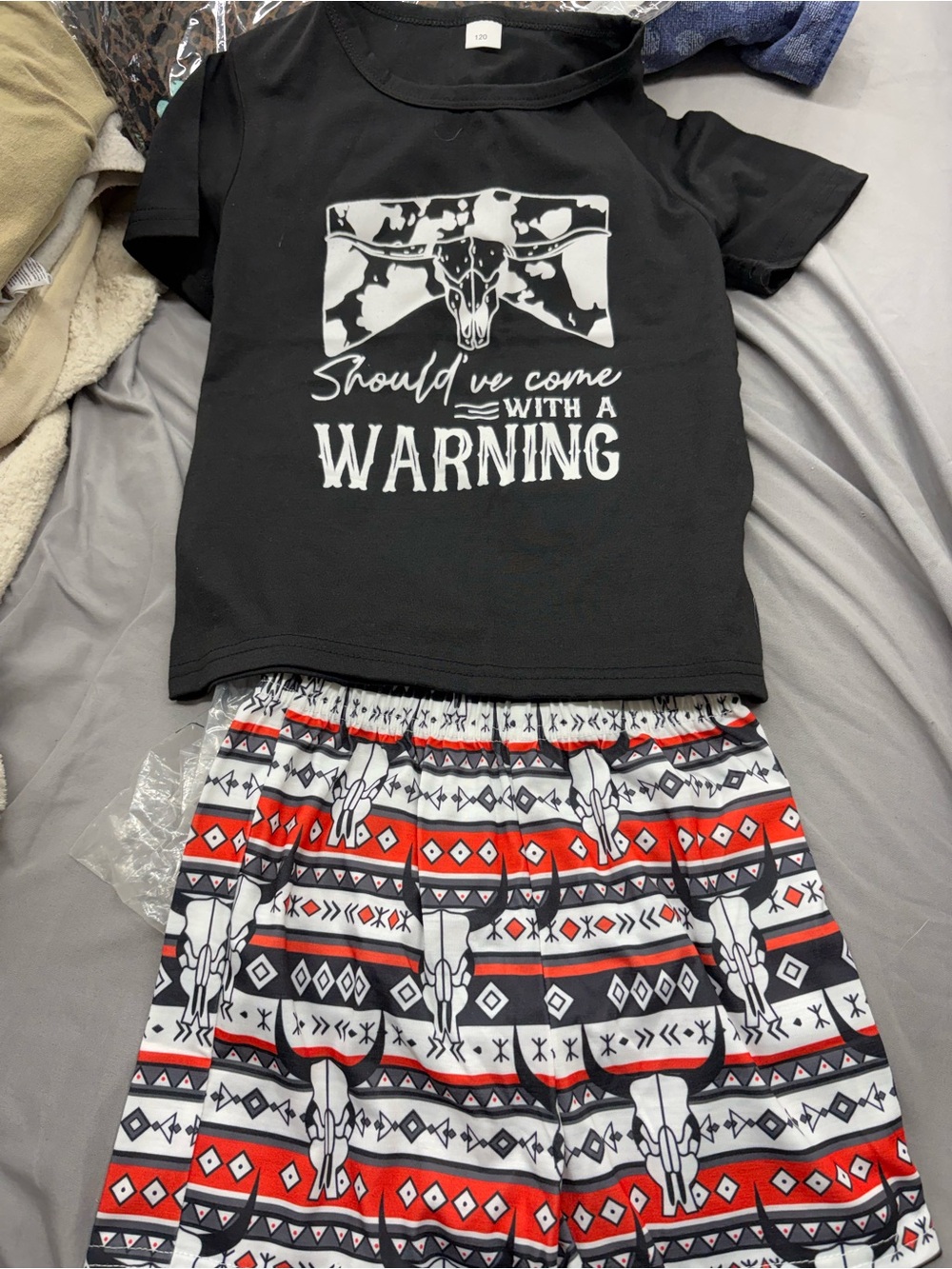Kids Black Graphic Short Sleeve Set with Red & White Tribal Print Shorts